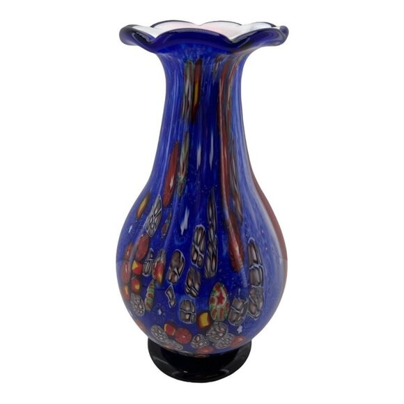 Vintage Murano Millefiori Vase Italy Art Glass Blue Multi Colored Heavy